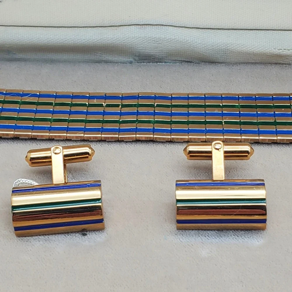 Destino Cufflinks Watch Band Blue Green Enamel Stripes 1/20 10K Gold Filled MCM